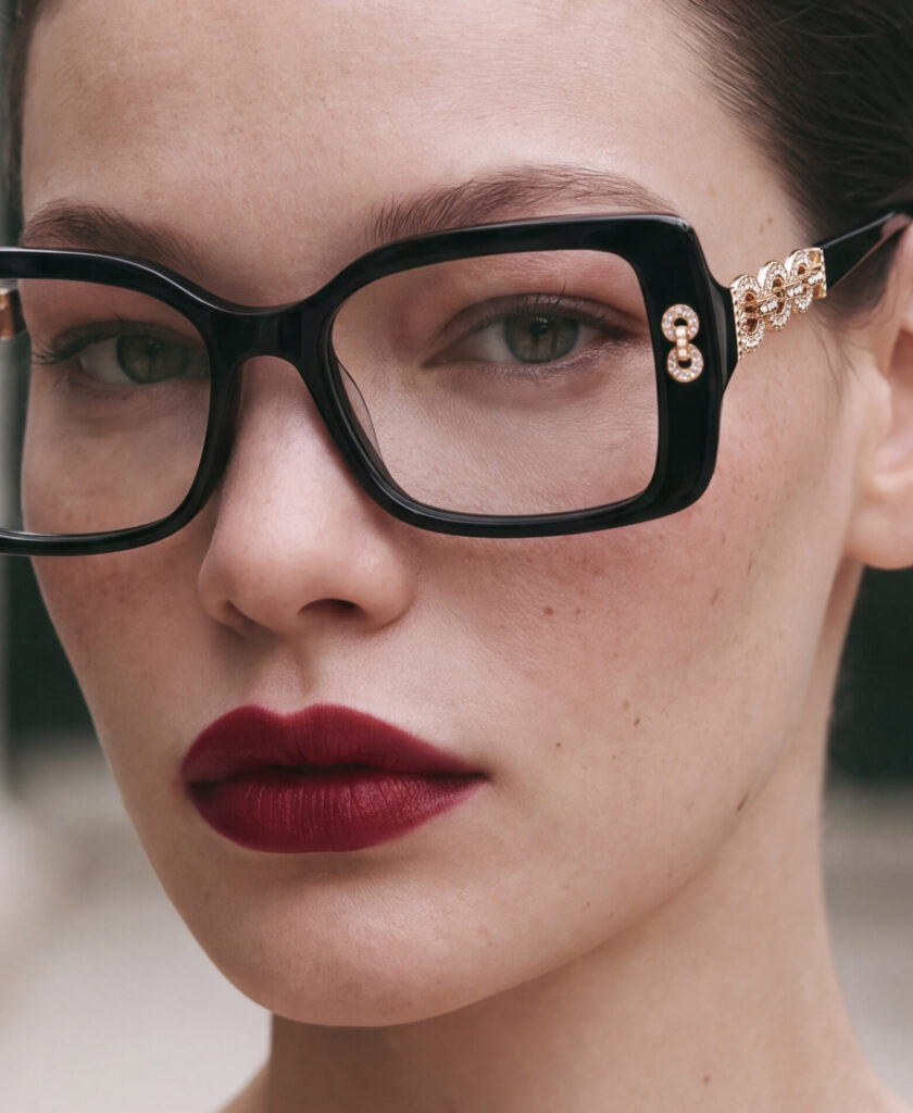 Luxury black acetate prescription eyeglasses model 6889 C1 with gold rhinestone hinge detail